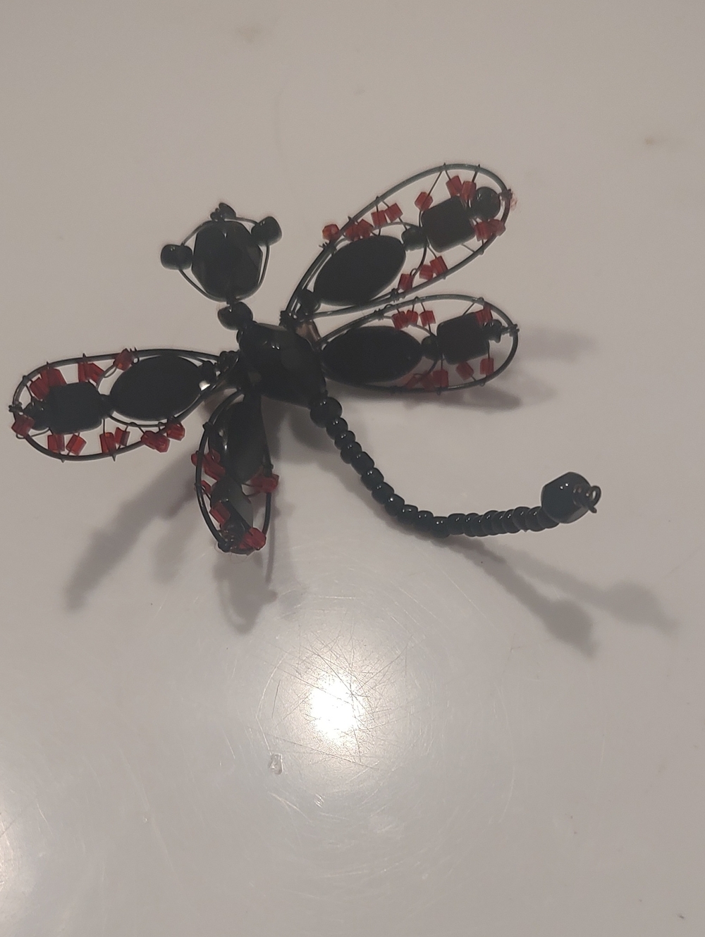 Vintage artist-made dragonfly brooch, Beads & Wire, Black & Red